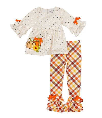 Rare Editions Little Girls Long-Sleeve Foiled-Dot Pumpkin-Appliqued Jersey Top & Plaid Jersey Leggings Set