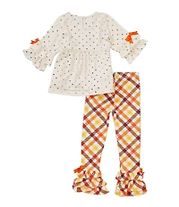 Rare Editions Little Girls Long-Sleeve Foiled-Dot Pumpkin-Appliqued Jersey Top & Plaid Jersey Leggings Set