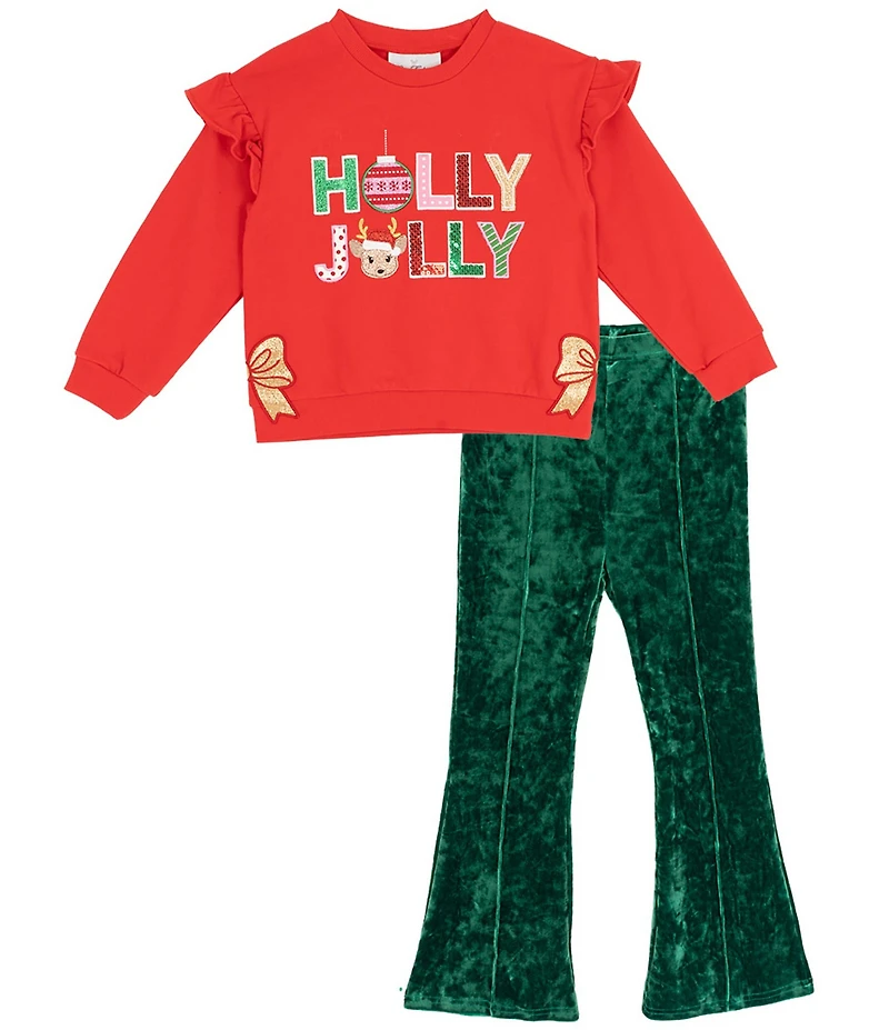 Rare Editions Little Girls Long Sleeve French Terry Holiday Holly Jolly Top With Crush Green Pants Set