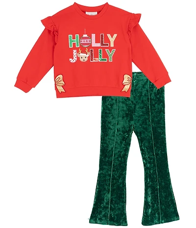 Rare Editions Little Girls Long Sleeve French Terry Holiday Holly Jolly Top With Crush Green Pants Set