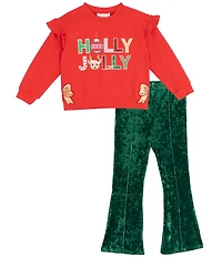 Rare Editions Little Girls Long Sleeve French Terry Holiday Holly Jolly Top With Crush Green Pants Set