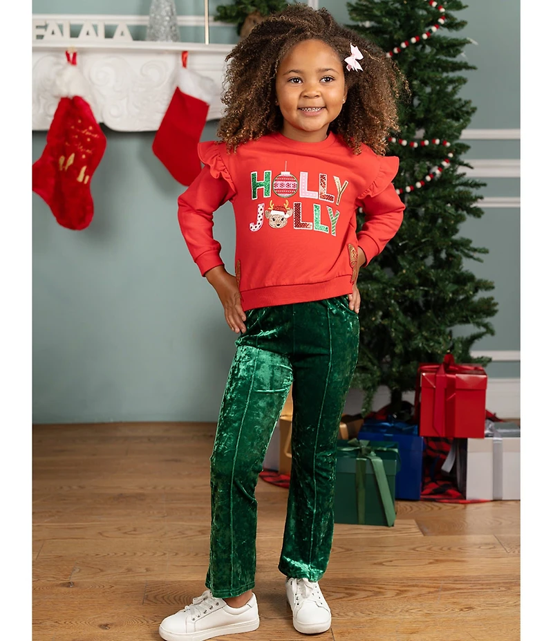Rare Editions Little Girls Long Sleeve French Terry Holiday Holly Jolly Top With Crush Green Pants Set