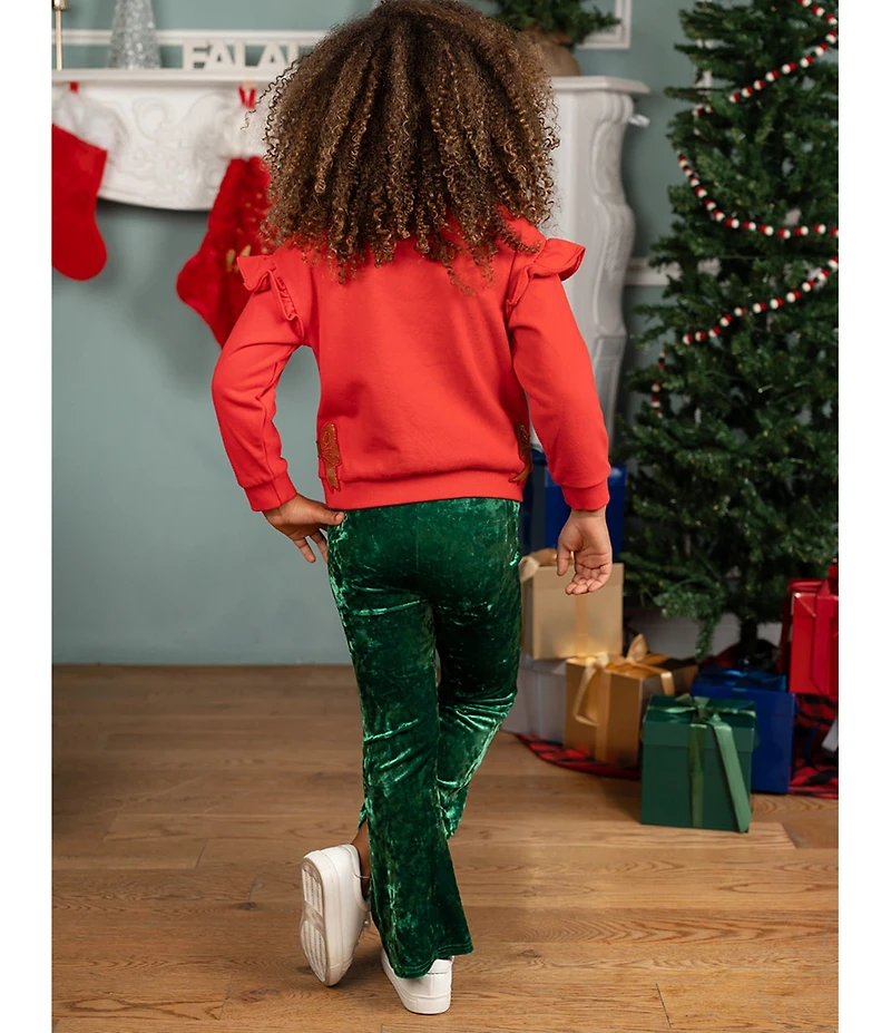 Rare Editions Little Girls Long Sleeve French Terry Holiday Holly Jolly Top With Crush Green Pants Set
