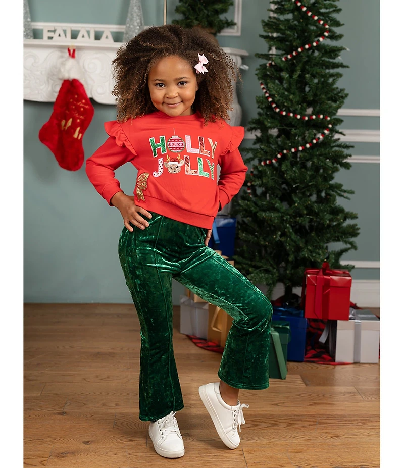 Rare Editions Little Girls Long Sleeve French Terry Holiday Holly Jolly Top With Crush Green Pants Set
