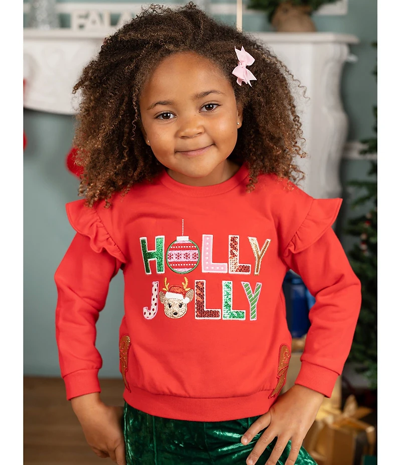 Rare Editions Little Girls Long Sleeve French Terry Holiday Holly Jolly Top With Crush Green Pants Set