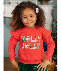 Rare Editions Little Girls Long Sleeve French Terry Holiday Holly Jolly Top With Crush Green Pants Set