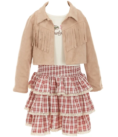 Rare Editions Little Girls Long Sleeve Fringe Trim Jacket, Short Sleeve T-Shirt & Lace Trim Plaid Skirt Set
