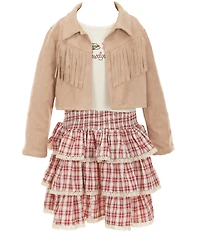 Rare Editions Little Girls Long Sleeve Fringe Trim Jacket, Short Sleeve T-Shirt & Lace Trim Plaid Skirt Set