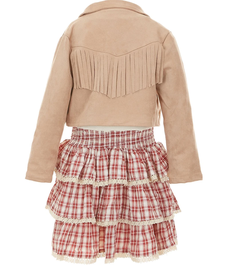 Rare Editions Little Girls Long Sleeve Fringe Trim Jacket, Short Sleeve T-Shirt & Lace Trim Plaid Skirt Set