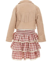 Rare Editions Little Girls Long Sleeve Fringe Trim Jacket, Short Sleeve T-Shirt & Lace Trim Plaid Skirt Set