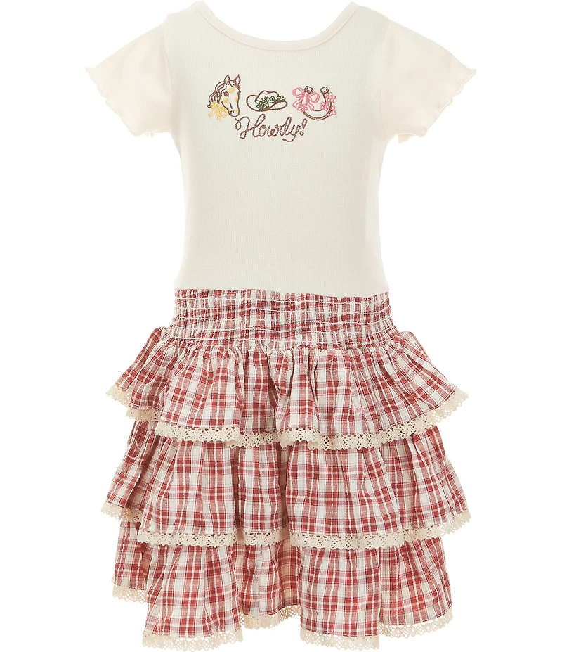 Rare Editions Little Girls Long Sleeve Fringe Trim Jacket, Short Sleeve T-Shirt & Lace Trim Plaid Skirt Set