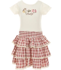 Rare Editions Little Girls Long Sleeve Fringe Trim Jacket, Short Sleeve T-Shirt & Lace Trim Plaid Skirt Set
