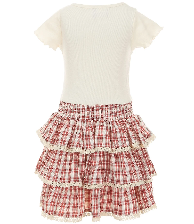 Rare Editions Little Girls Long Sleeve Fringe Trim Jacket, Short Sleeve T-Shirt & Lace Trim Plaid Skirt Set