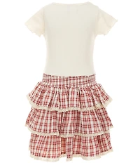 Rare Editions Little Girls Long Sleeve Fringe Trim Jacket, Short Sleeve T-Shirt & Lace Trim Plaid Skirt Set