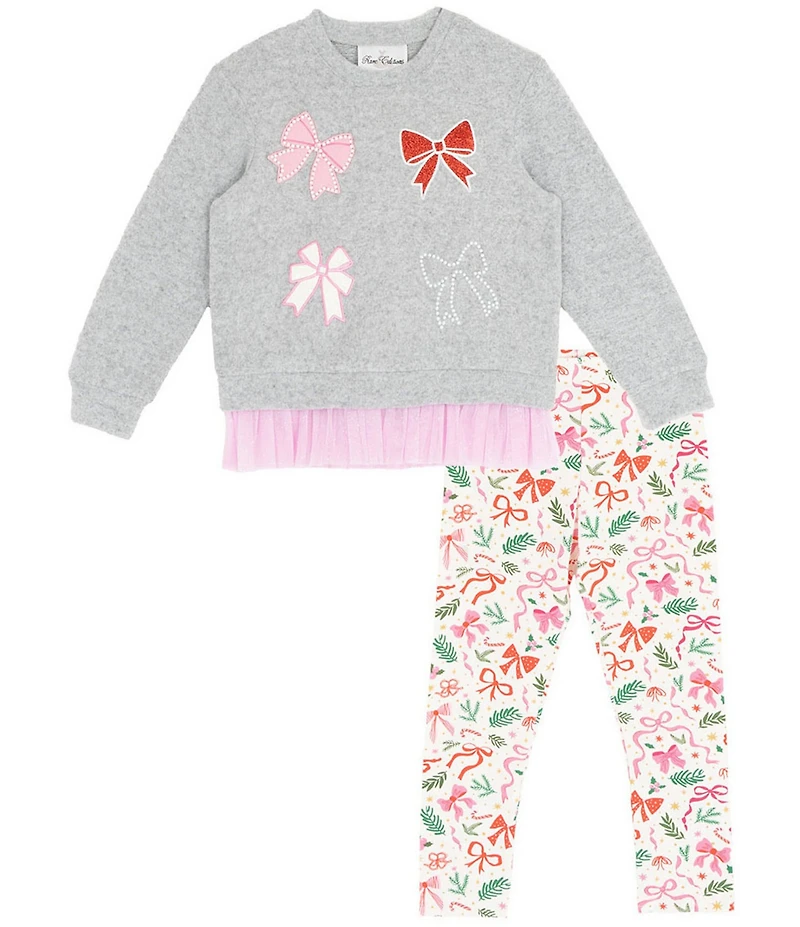 Rare Editions Little Girls Long Sleeve Hacchi Top With Bow Appliques And Printed Pants Set