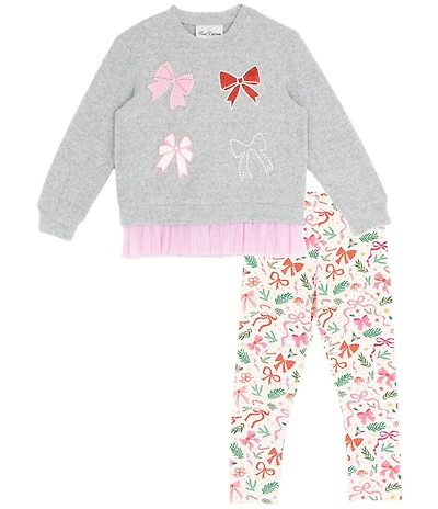 Rare Editions Little Girls Long Sleeve Hacchi Top With Bow Appliques And Printed Pants Set