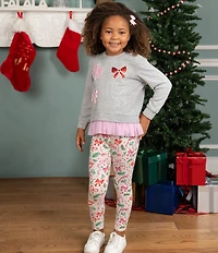 Rare Editions Little Girls Long Sleeve Hacchi Top With Bow Appliques And Printed Pants Set