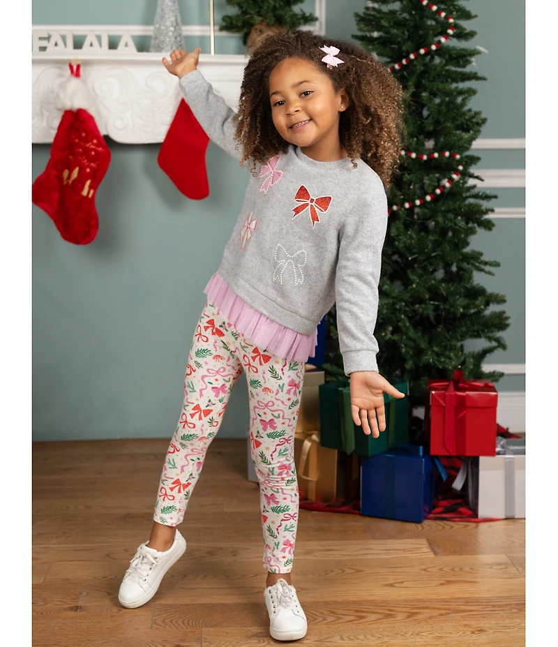 Rare Editions Little Girls Long Sleeve Hacchi Top With Bow Appliques And Printed Pants Set