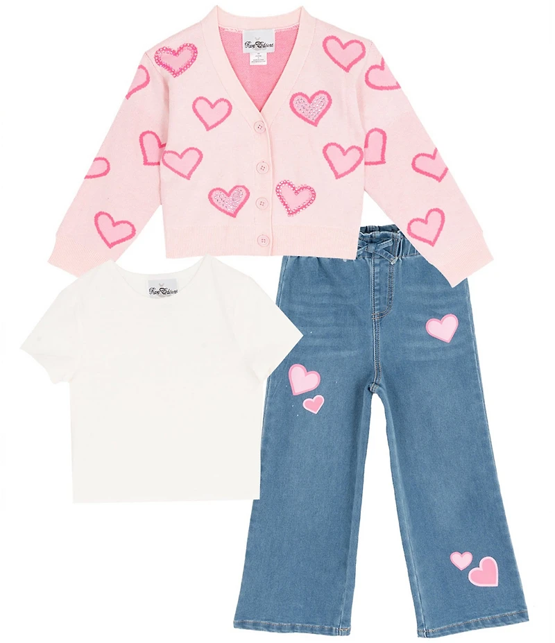 Rare Editions Little Girls Long-Sleeve Heart-Appliqued Cardigan, Short-Sleeve Solid T-Shirt & Heart-Appliqued Jeans Set