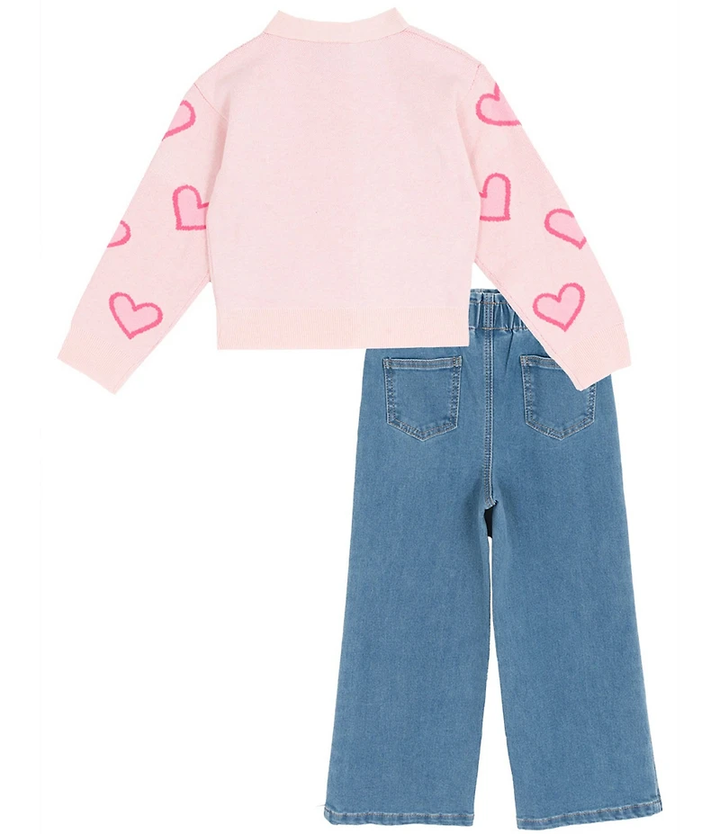 Rare Editions Little Girls Long-Sleeve Heart-Appliqued Cardigan, Short-Sleeve Solid T-Shirt & Heart-Appliqued Jeans Set
