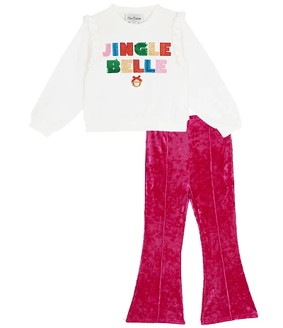 Rare Editions Little Girls Long-Sleeve Holiday Jingle Belle French Terry Sweatshirt & Printed Velvet Flared-Leg Pants Set