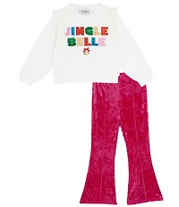 Rare Editions Little Girls Long-Sleeve Holiday Jingle Belle French Terry Sweatshirt & Printed Velvet Flared-Leg Pants Set