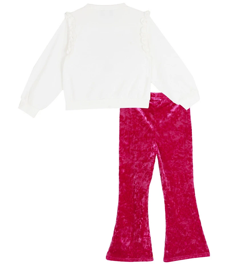 Rare Editions Little Girls Long-Sleeve Holiday Jingle Belle French Terry Sweatshirt & Printed Velvet Flared-Leg Pants Set