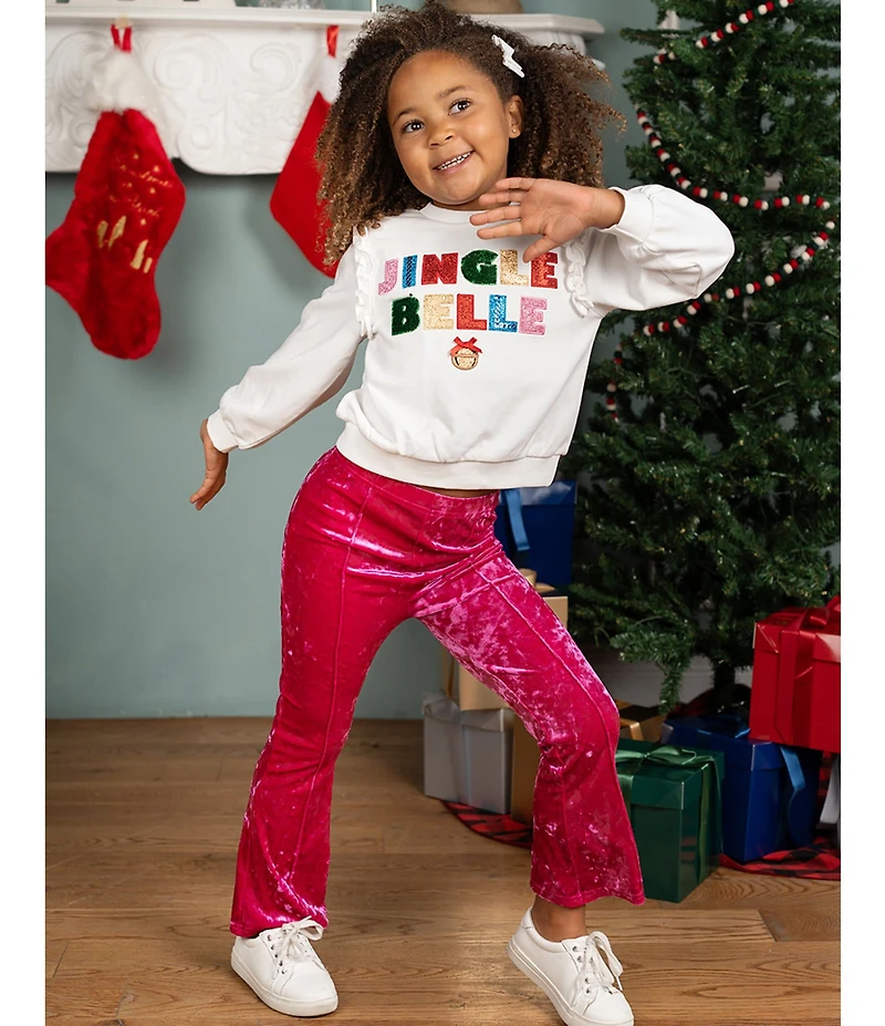 Rare Editions Little Girls Long-Sleeve Holiday Jingle Belle French Terry Sweatshirt & Printed Velvet Flared-Leg Pants Set