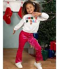 Rare Editions Little Girls Long-Sleeve Holiday Jingle Belle French Terry Sweatshirt & Printed Velvet Flared-Leg Pants Set