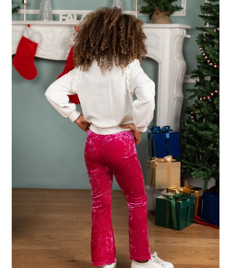 Rare Editions Little Girls Long-Sleeve Holiday Jingle Belle French Terry Sweatshirt & Printed Velvet Flared-Leg Pants Set