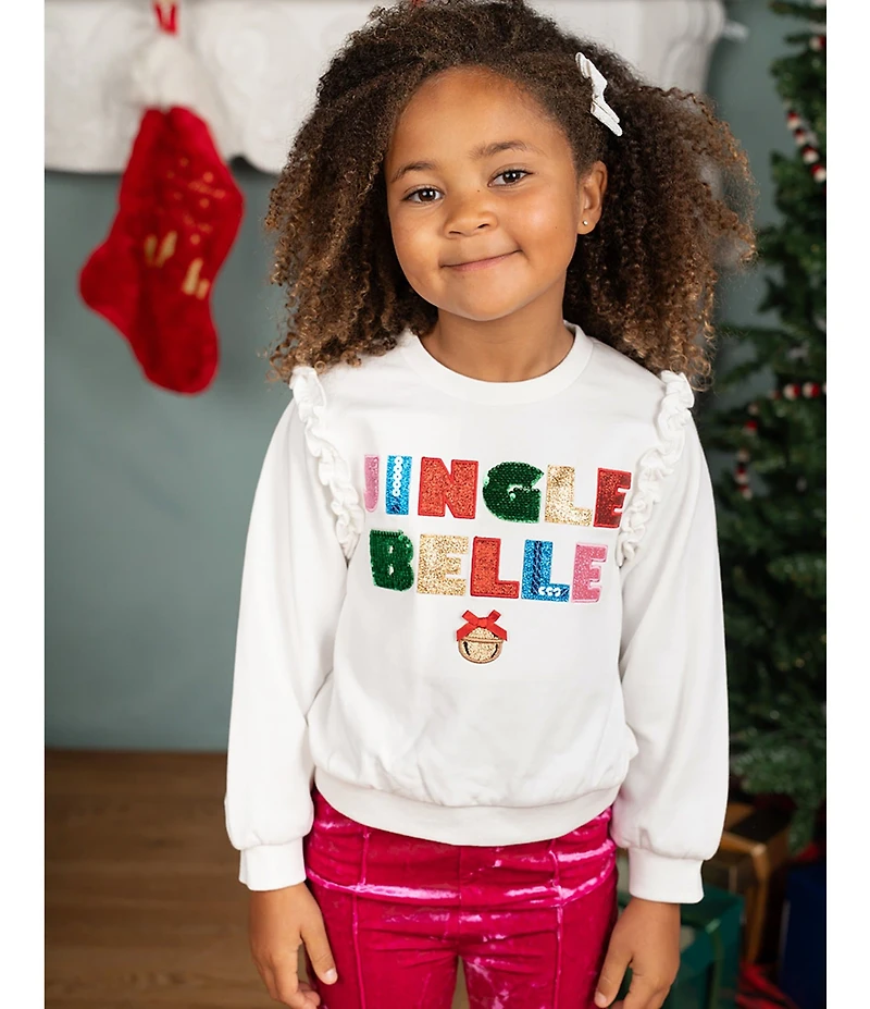 Rare Editions Little Girls Long-Sleeve Holiday Jingle Belle French Terry Sweatshirt & Printed Velvet Flared-Leg Pants Set