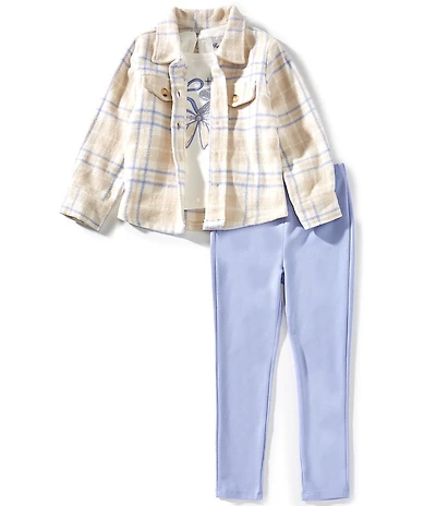 Rare Editions Little Girls Long-Sleeve Plaid Jacket, Long-Sleeve Bow-Graphic T-Shirt & Solid Leggings Set