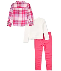Rare Editions Little Girls Long-Sleeve Plaid Shacket, Long-Sleeve T-Shirt & Solid Pants Set
