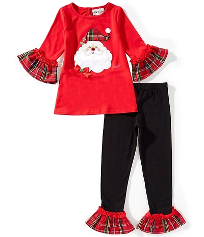 Rare Editions Little Girls Long Sleeve Red Knit Santa Applique Top & Black Dotted Leggings Set