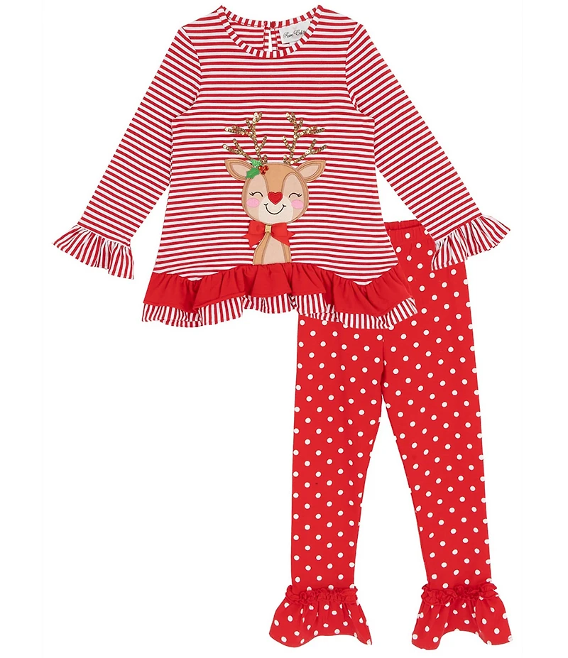 Rare Editions Little Girls Long Sleeve Reindeer Applique Striped Top & Dot Legging Pants Set