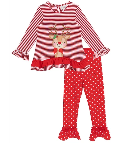 Rare Editions Little Girls Long Sleeve Reindeer Applique Striped Top & Dot Legging Pants Set