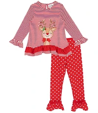 Rare Editions Little Girls Long Sleeve Reindeer Applique Striped Top & Dot Legging Pants Set