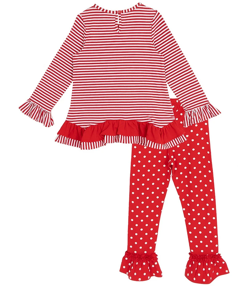 Rare Editions Little Girls Long Sleeve Reindeer Applique Striped Top & Dot Legging Pants Set