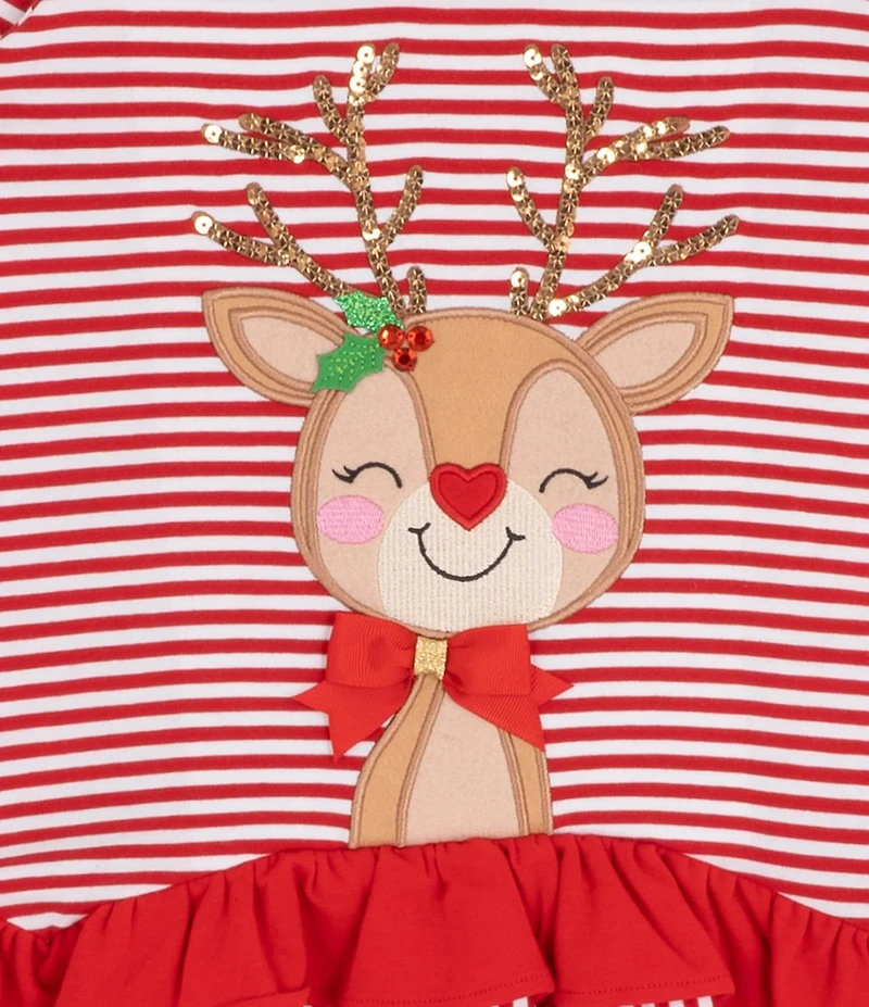 Rare Editions Little Girls Long Sleeve Reindeer Applique Striped Top & Dot Legging Pants Set