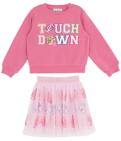 Rare Editions Little Girls Long-Sleeve Touch Down French Terry Sweatshirt & Printed Mesh Tutu Skirt Set