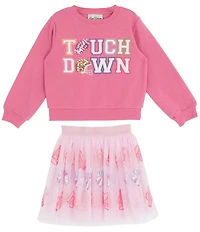 Rare Editions Little Girls Long-Sleeve Touch Down French Terry Sweatshirt & Printed Mesh Tutu Skirt Set