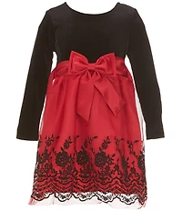 Rare Editions Little Girls Long-Sleeve Velvet-Bodice/Flocked-Border-Hem Skirted Fit-And-Flare Dress