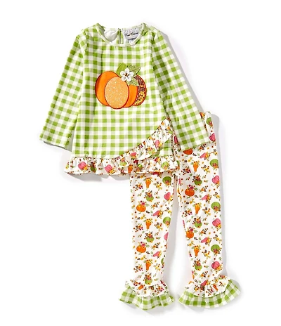 Rare Editions Little Girls Mixed-Media Checked/Fall Harvest Pumpkin-Appliqued Tunic Top & Ruffle-Hem Leggings Set