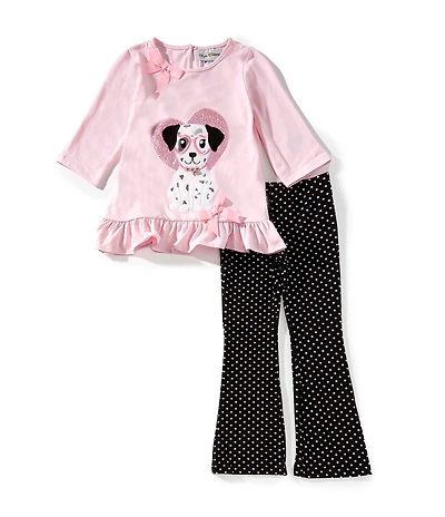 Rare Editions Little Girls Pink Knit Dog Applique Top & Printed Leggings Set
