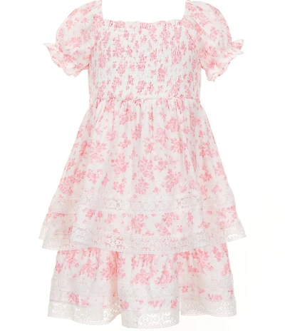 Rare Editions Little Girls Puff Sleeve Toile Floral Printed Lace Trim Tiered Fit-And-Flare Dress