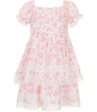 Rare Editions Little Girls Puff Sleeve Toile Floral Printed Lace Trim Tiered Fit-And-Flare Dress