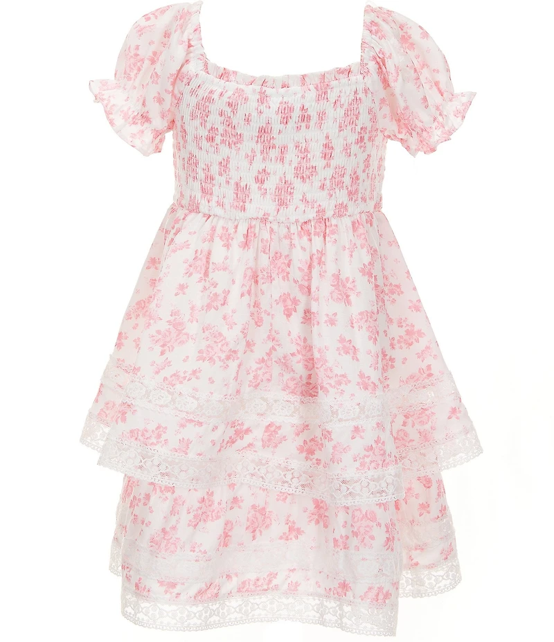 Rare Editions Little Girls Puff Sleeve Toile Floral Printed Lace Trim Tiered Fit-And-Flare Dress