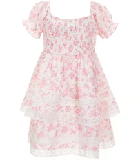 Rare Editions Little Girls Puff Sleeve Toile Floral Printed Lace Trim Tiered Fit-And-Flare Dress