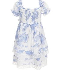 Rare Editions Little Girls Puff-Sleeve Toile-Printed Lace Trim Tiered Fit-And-Flare Dress