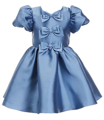 Rare Editions Little Girls Puffed-Sleeve Bow-Accented Fit-And-Flare Mikado Dress